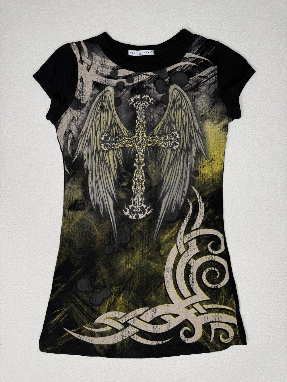 Y2K Bui Yah Kah Wing Cross Rhinestone Baby Tee Gothic Grunge Est XS Women
